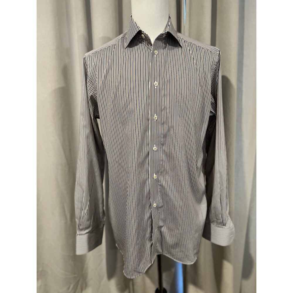 Erin Men's Striped Dress Shirt Size 16.5x42 Blue And Burnt Orange - Picture 1 of 6